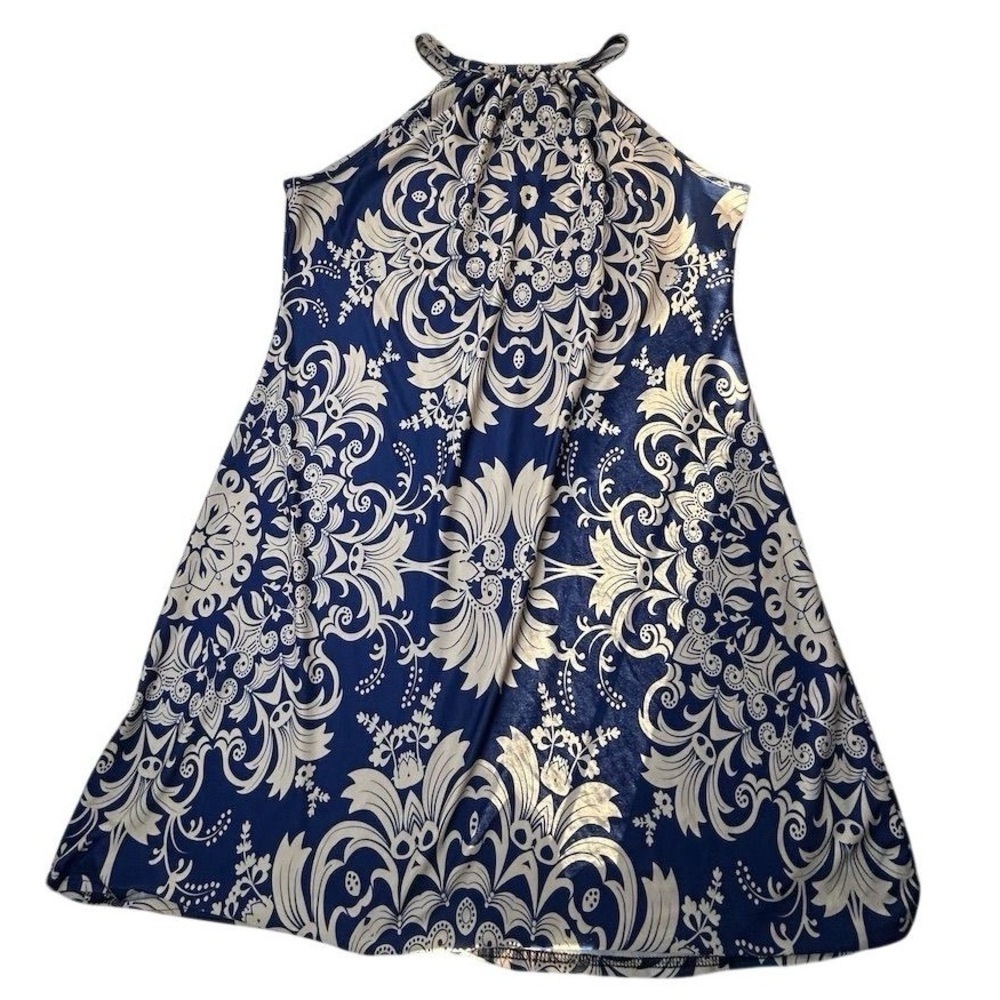 Lily by Firmiana 1X Navy White Floral Sleeveless Halter Dress‎